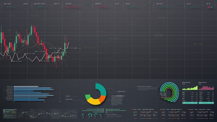 Business stock market, trading, info graphic with animated graphs, charts and data numbers insight analysis to be shown on monitor display screen for business meeting mock up theme