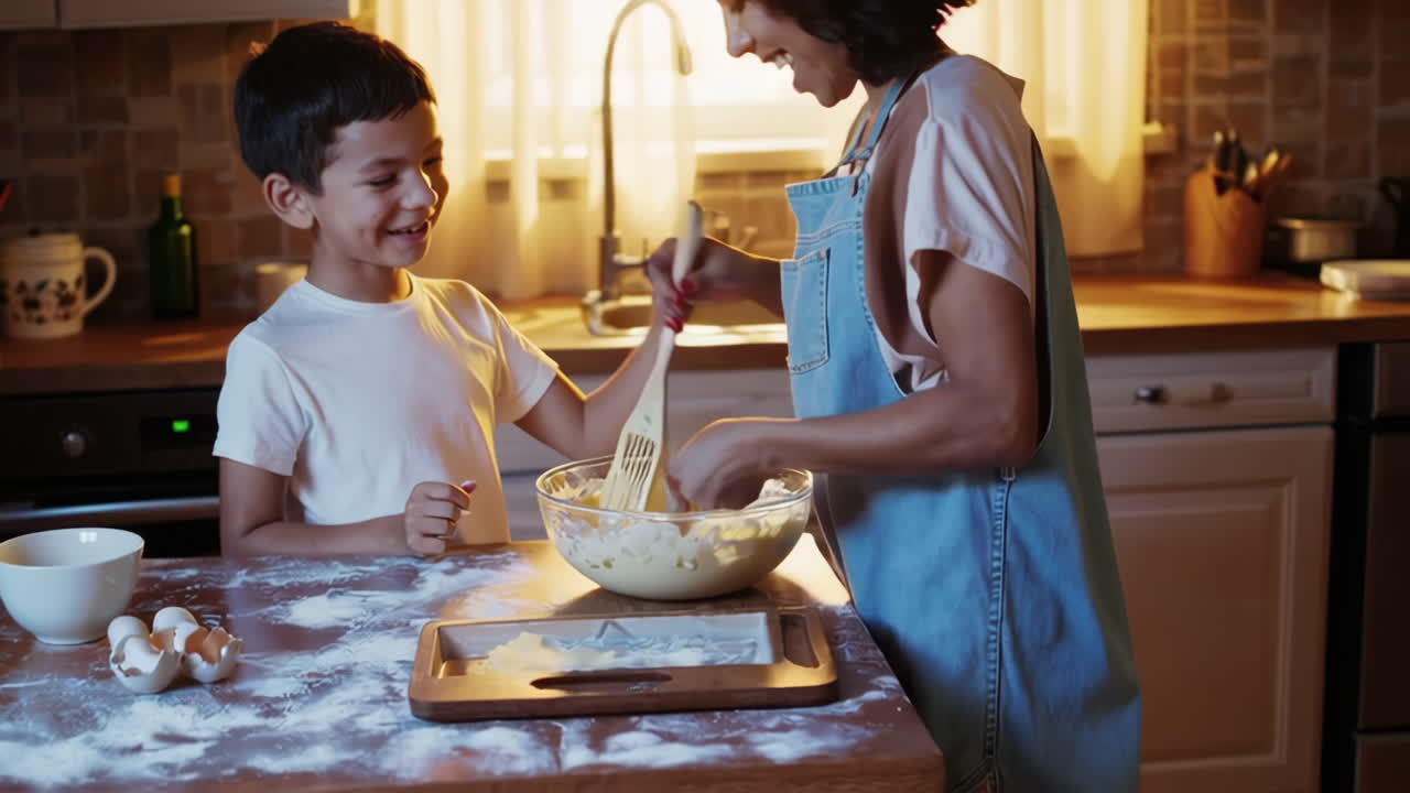 Mother and Son Baking Together in the Kitchen