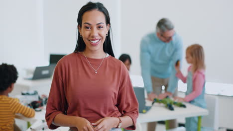 face, woman and happy teacher in kindergarten