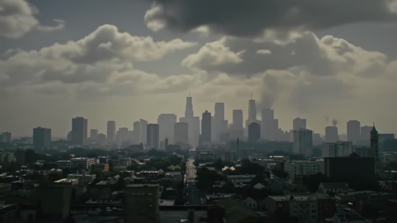 A Dreamy Urban Skyline at Dusk: Exploring the Serene Beauty of a City Overcast with Clouds and Glowing Skyscrapers Under a Mysterious Sky