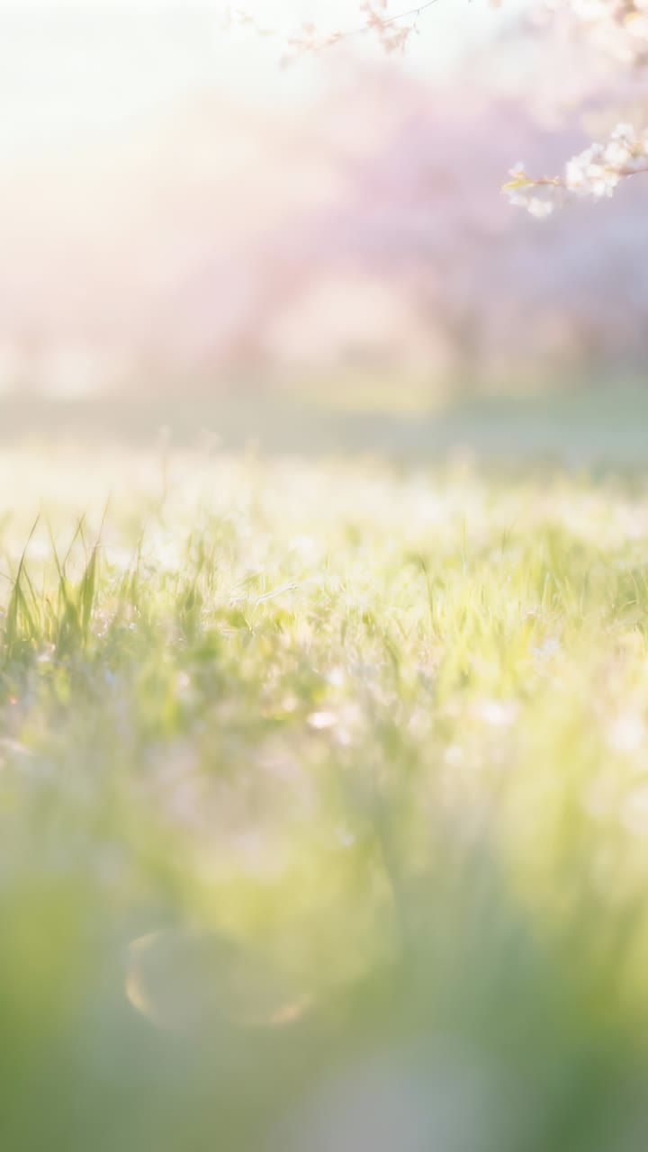 Vídeo vertical: Gramado cintilante pegando sol e brisa em um campo, com orvalho, bokeh e flores.