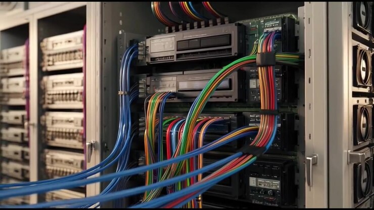 Close-up of Server Racks and Network Cables in Data Center