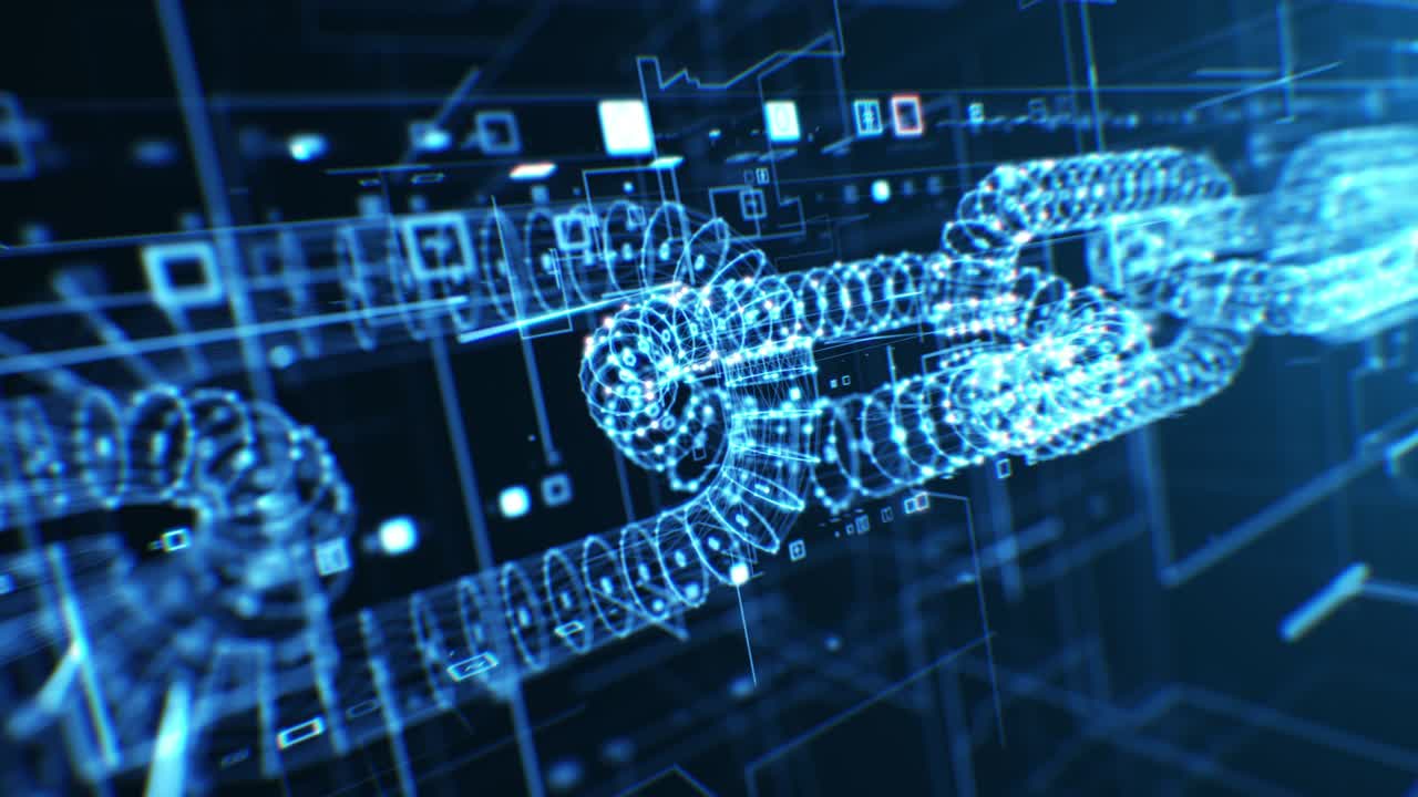ilustración de la estructura abstracta de blockchain color azul. hermoso proceso de transacción líneas de cadena de bloques y números conectados diseño de movimiento animación 3d. concepto de negocio de moneda digital global