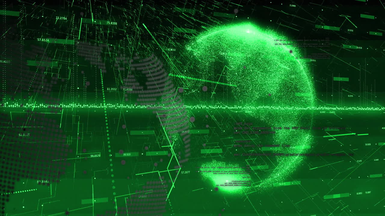 Digital globe and data processing animation with green futuristic interface