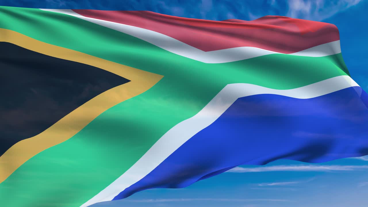 Flag of South Africa with fabric structure against a cloudy sky (loopable)