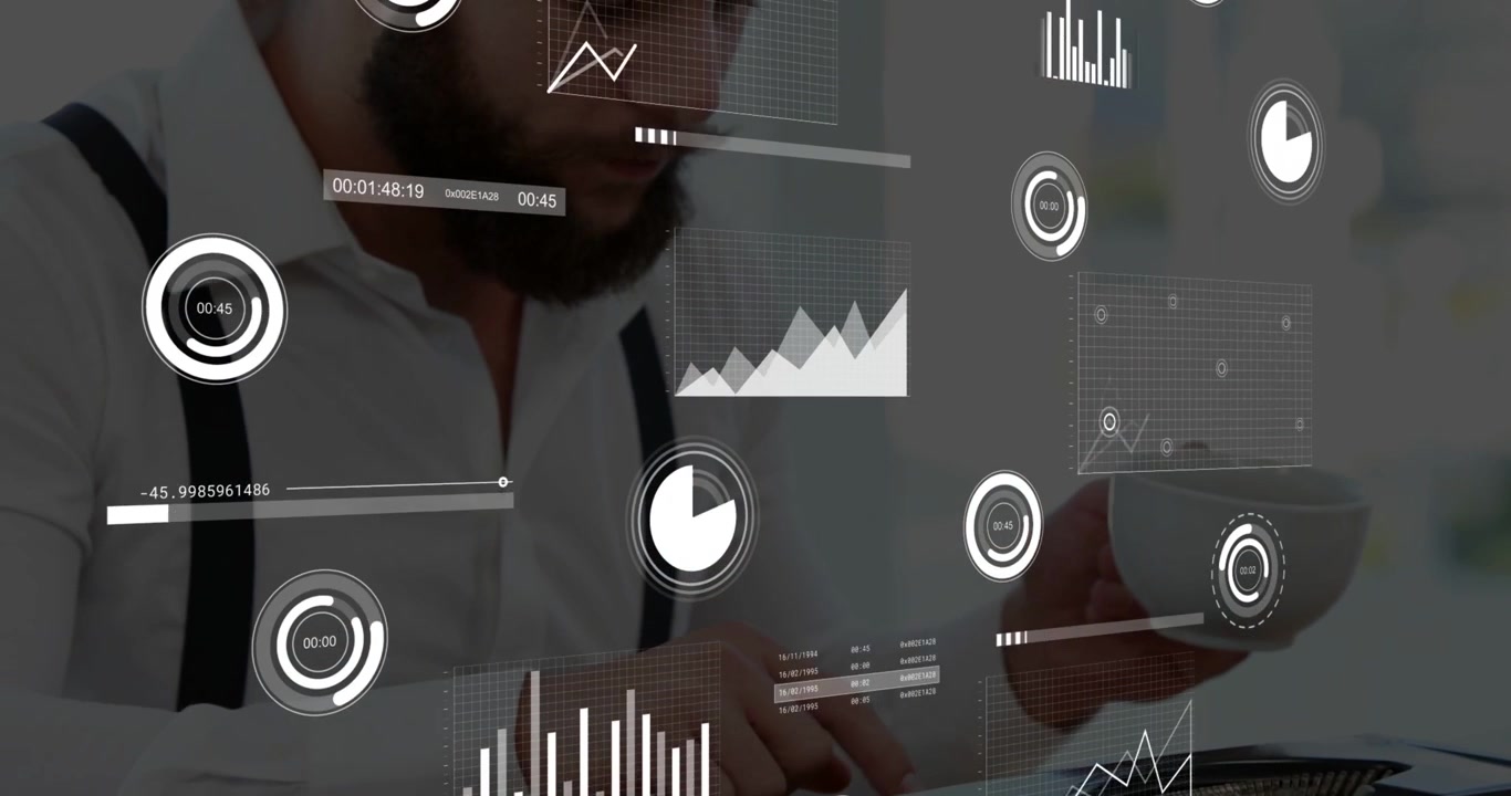 Analyst tapping terminal, causing HUD charts tracking finance metrics while sipping cup and leaning