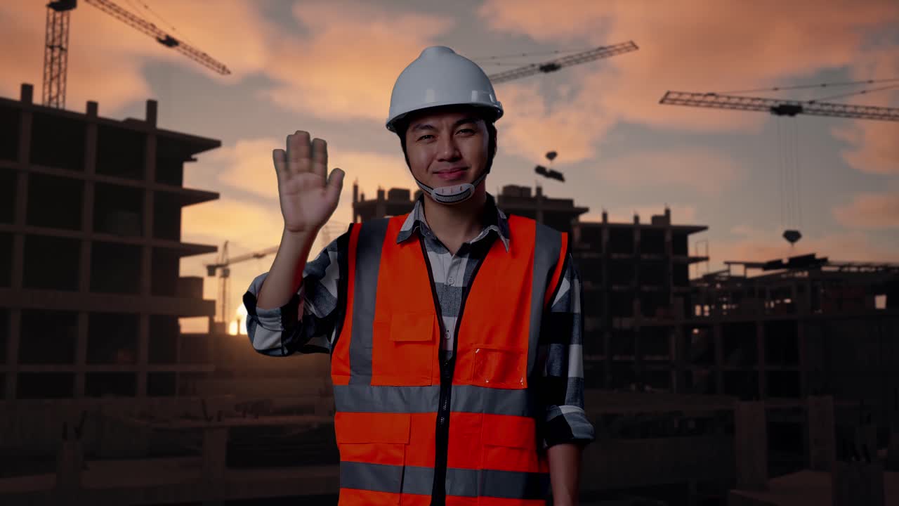 Asian Male Engineer With Safety Helmet Smiling To Camera And Waving Hand Saying Bye While Standing At Building & Construction Site in Progress to New House
