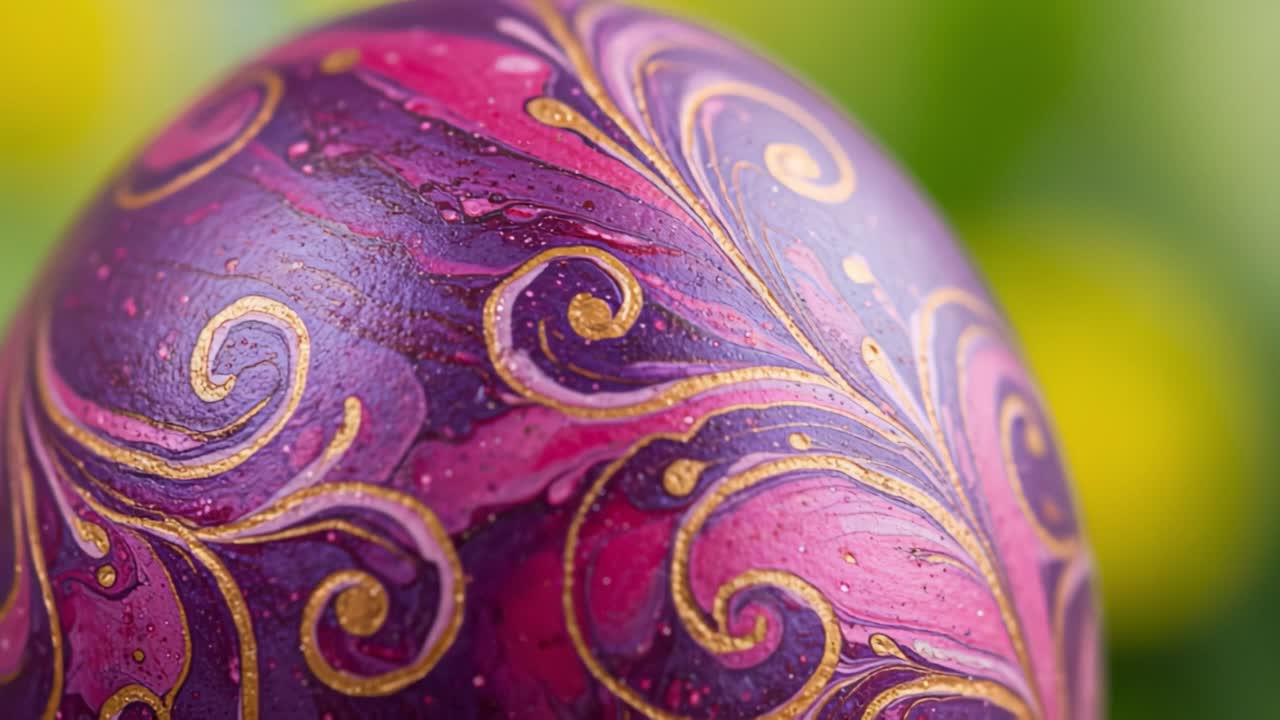 A Stunning Close-Up of a Beautifully Decorated Purple Easter Egg Featuring Intricate Golden Swirls and Vibrant Colors, Perfect for Celebrating Festive Traditions