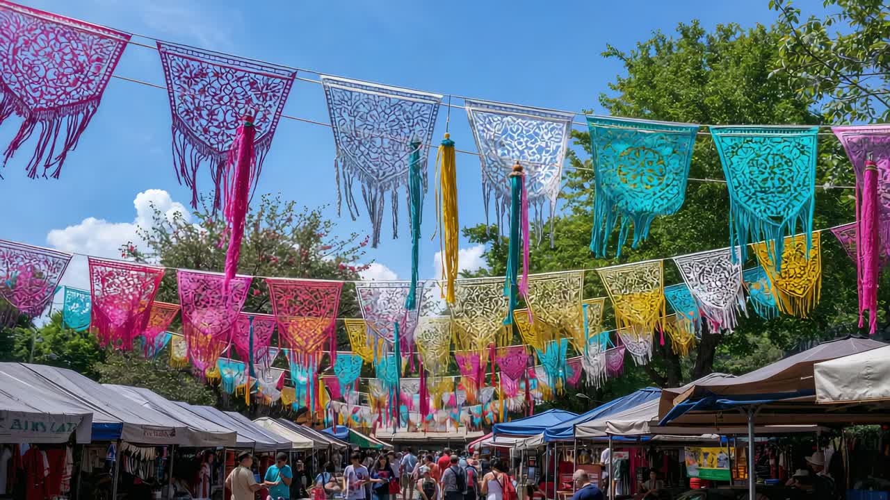 Moving camera capturing hanging banners drifting over market, showing stalls, shoppers in shorts