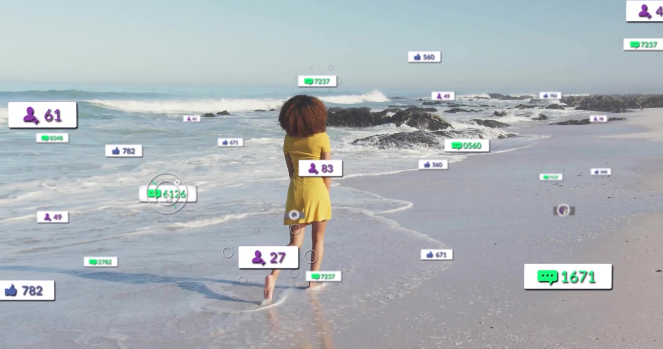 Influencer stepping into surf showing floating social media metrics growing fading, gazing horizon