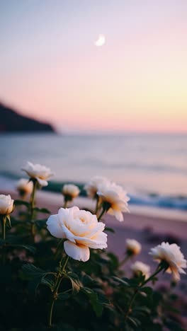 white roses on a beach at sunset with a crescent moon