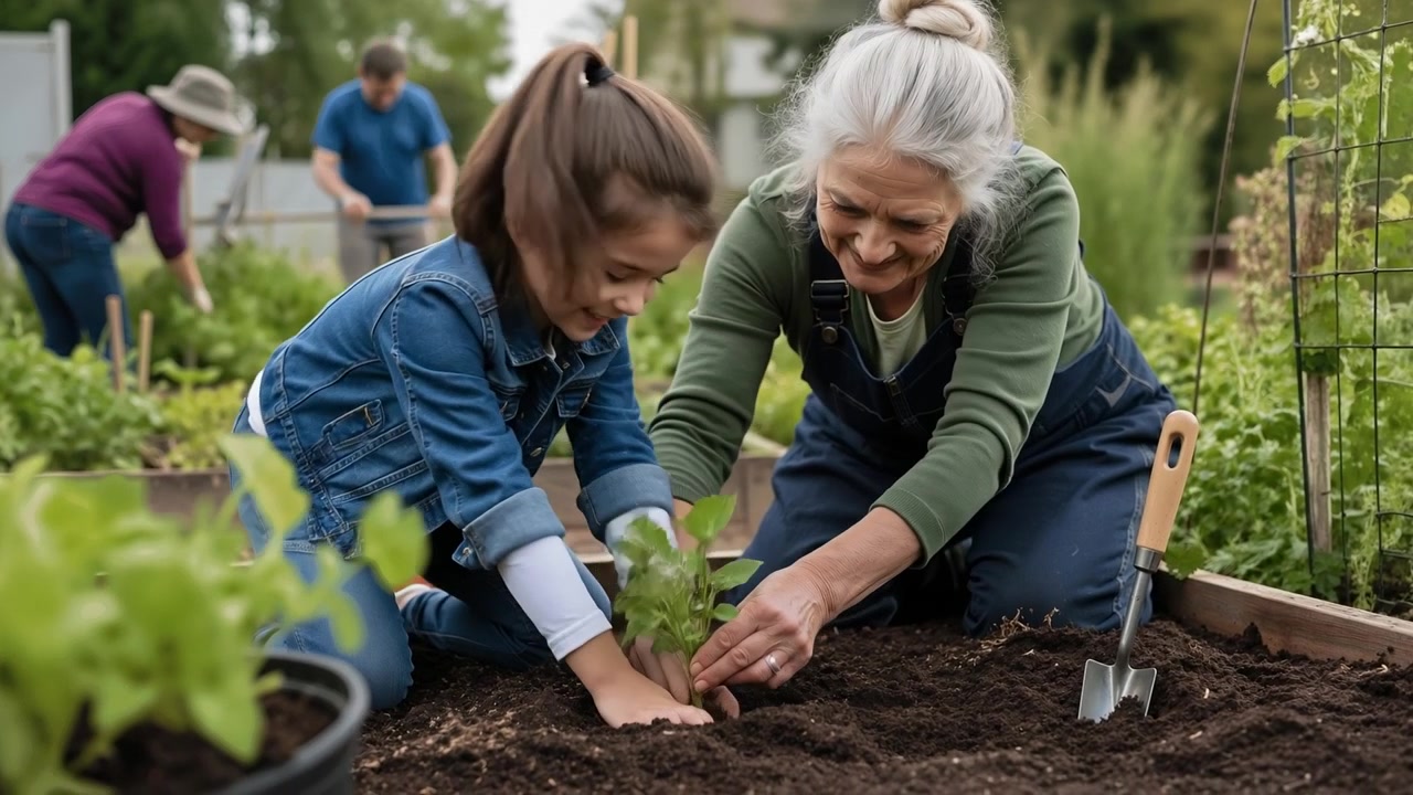 Grandmother and granddaughter planting a young seedling in a garden bed outdoors