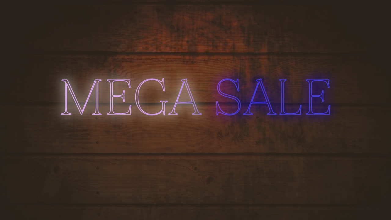 animación del texto de mega venta en neón blanco y azul sobre tablas de madera