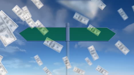 animation of dollar bills over road sign with copy space and sky with clouds