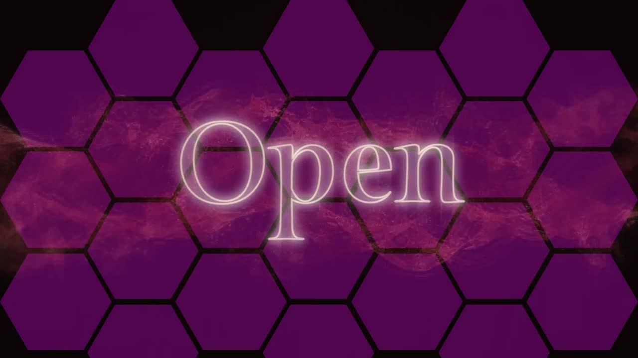 Animation of open text in white neon with pink vapour cloud over purple hexagon grid