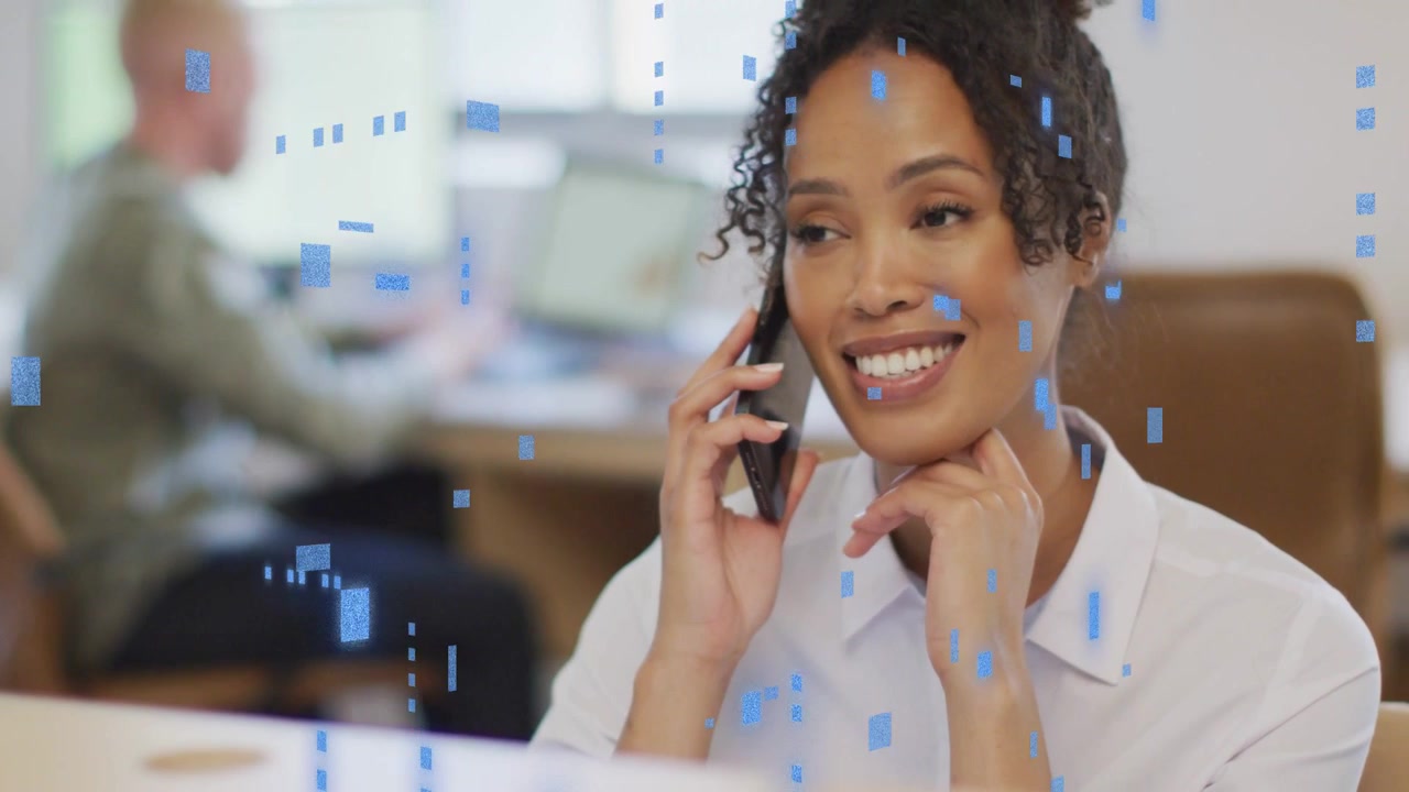 Office woman bringing phone to ear, speaking, handling business call while blue squares overlaying
