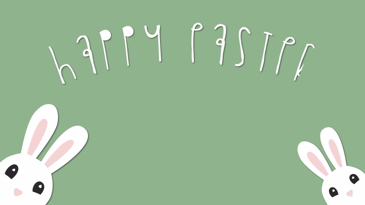 부활절 카드 - 두 마리의 토끼가 귀를 흔들고 부활절 메시지, 트렌디한 글과 색상 애니메이션.