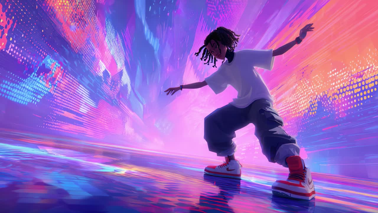 An animated character gracefully glides through a vibrant, digital landscape, showcasing a dynamic blend of colors and motion, symbolizing freedom and artistry in movement while skateboarding