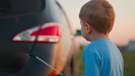 child washes daddy car with sprayer on lawn diligent little kid helper pours water on dirty auto at