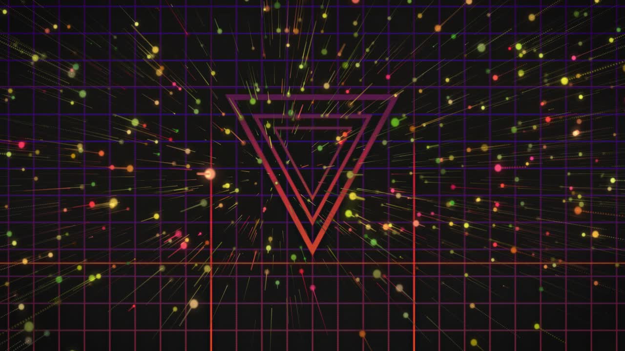 Neon inverted triangle pulsing after particle burst, colorful dots racing outward creating depth