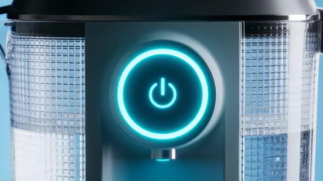 Displaying pulsing cyan LED power control, appliance signaling standby on studio set, with nozzle