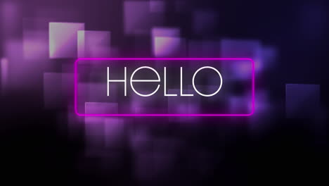 animación de neón "hello" en una interfaz de videojuego en un fondo púrpura.