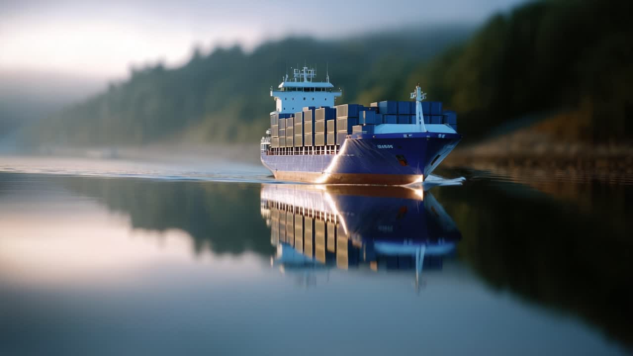 A majestic cargo ship navigating through serene waters at dawn, surrounded by lush landscapes, reflecting its image on the calm surface, capturing nature's beauty