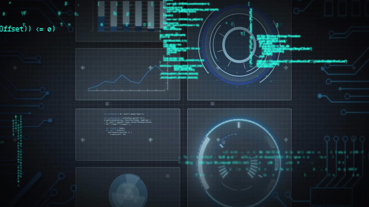 Graphs and data animations processing on digital interface with dark background