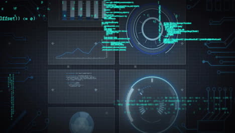 Graphs and data animations processing on digital interface with dark background