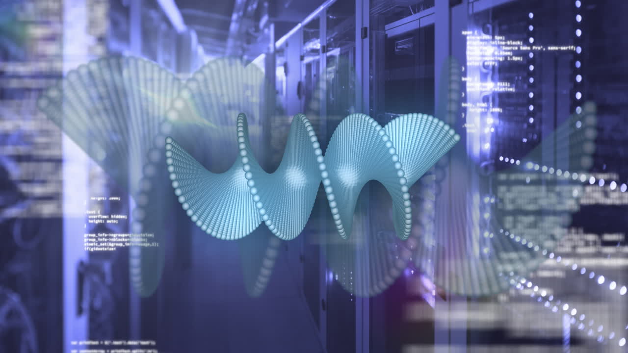 Animation of dna strand and data processing over server room