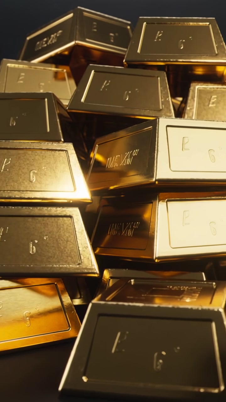 Vertical video: Moving camera revealing stack of gold bars in studio, highlighting embossed marks