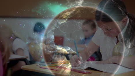 animación del globo con una red de conexiones a través de la escritura de las escolares