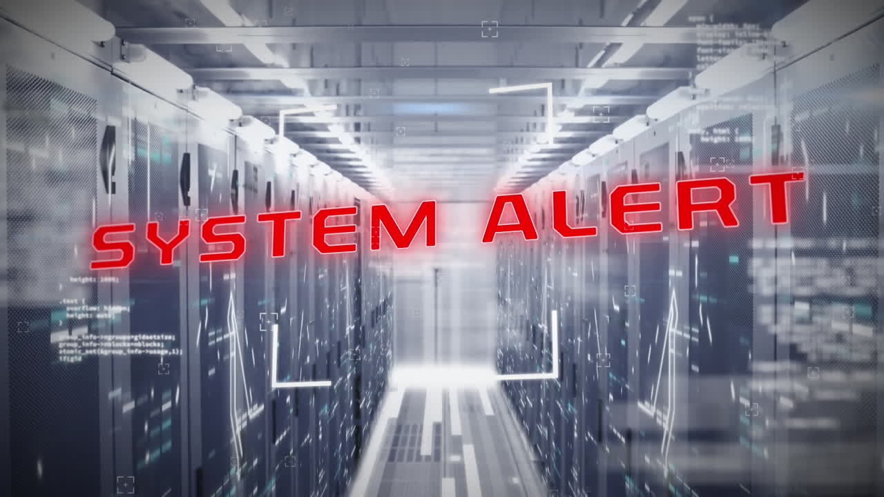 animación de escaneo de alcance sobre el texto de alerta del sistema banner y cuadrados de mosaico contra la sala del servidor