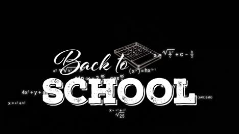 animation of back to school text over icons and mathematical equations on black background