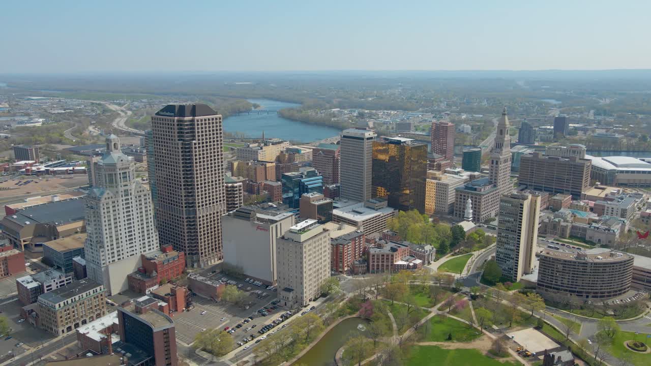 Aerial Drone shot of Hartford Connecticut on a sunny afternoon.