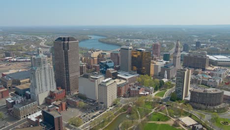 aerial drone shot of hartford connecticut on a sunny afternoon.