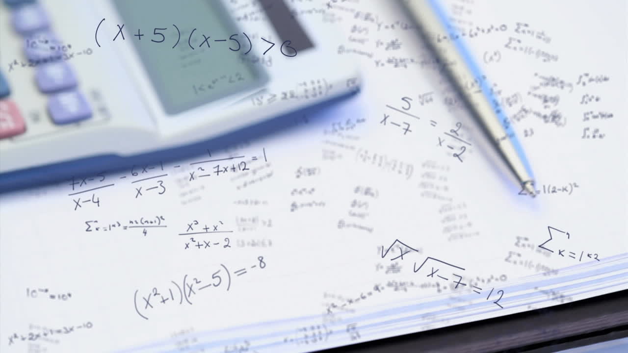 Mathematical equations moving against calculator spinning