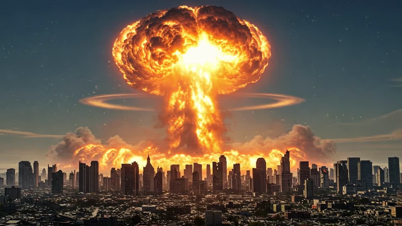 A tremendous explosion generates a towering mushroom cloud that looms ominously over the city skyline as dawn breaks