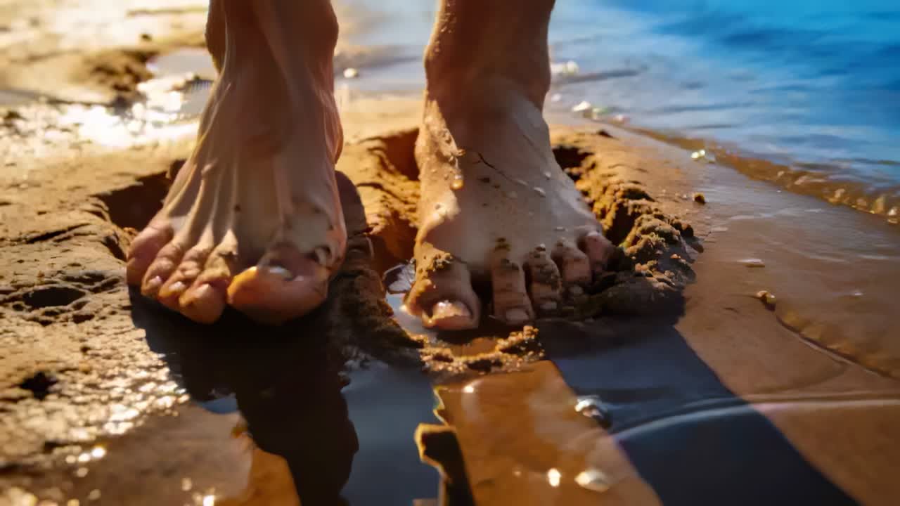 In risposta al bordo sottile dell'onda, i piedi di una persona calpestano la sabbia bagnata della riva lasciando impronte.