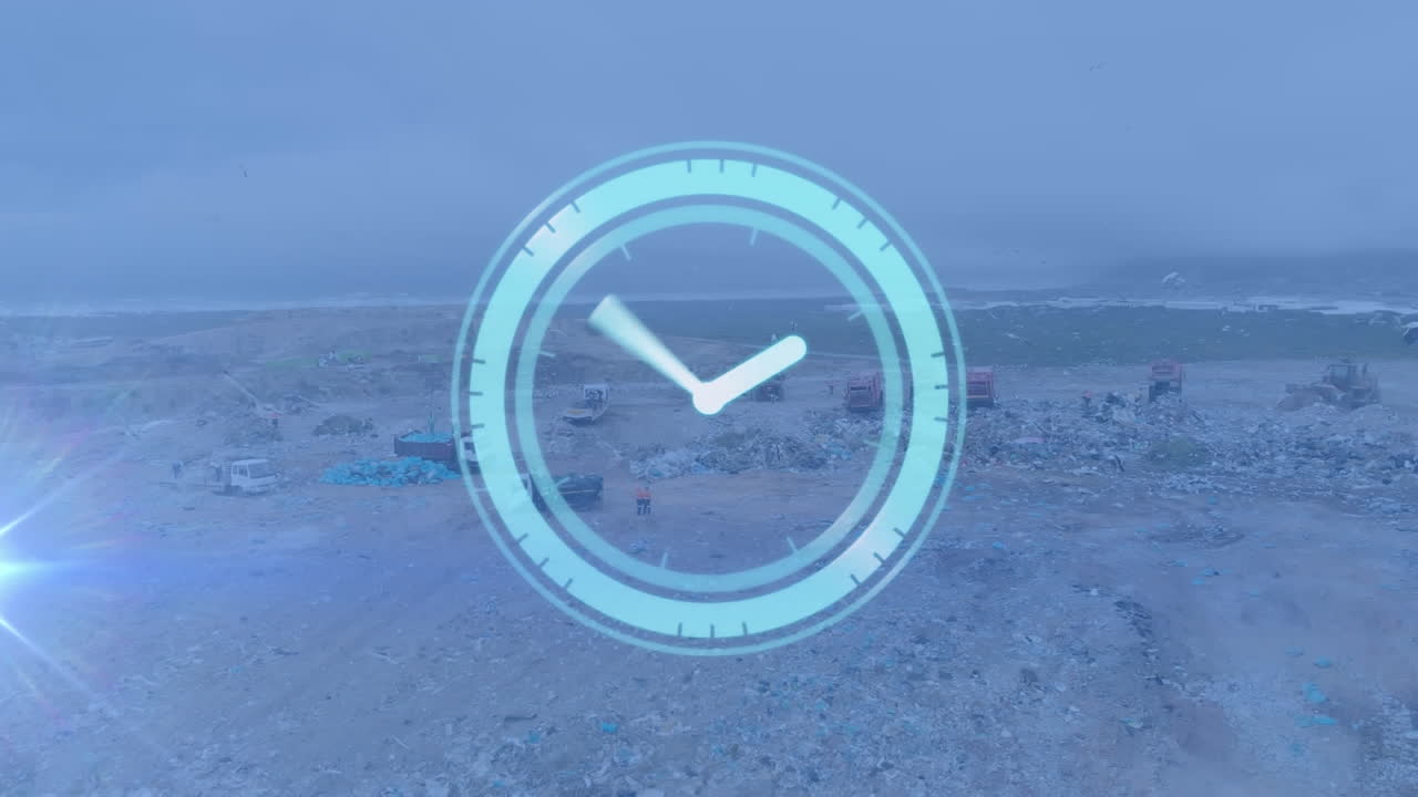 폐기물 처분장에서 차량 위에서 빠르게 움직이는 시계의 애니메이션