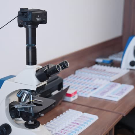modern microscope in the laboratory. view of microscope in medical and clinical laboratories