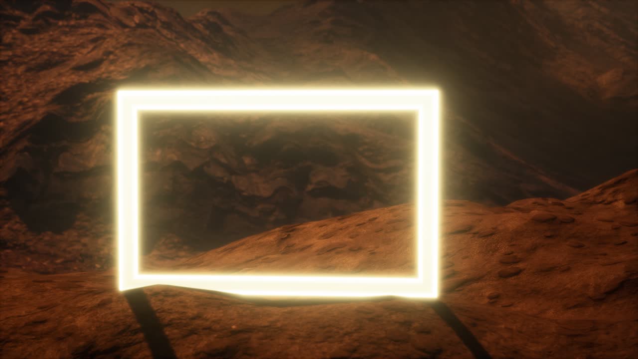 portal de neón en la superficie del planeta marte con el soplo de polvo