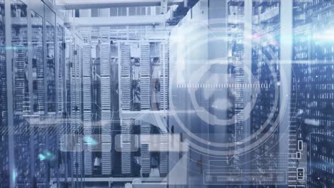 Animation-of-scope-scanning-and-data-processing-over-tech-room-with-computer-servers