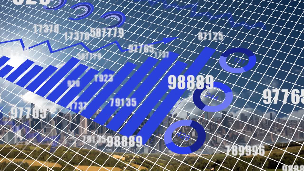 도시 풍경 위의 금융 데이터 처리 애니메이션