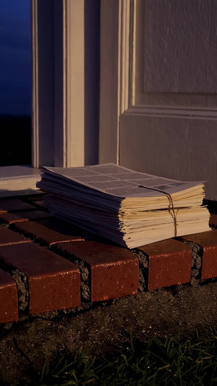 Stack of Newspapers on a Doorstep at Dusk