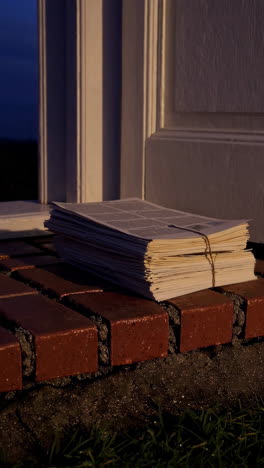 stack of newspapers on a doorstep at dusk