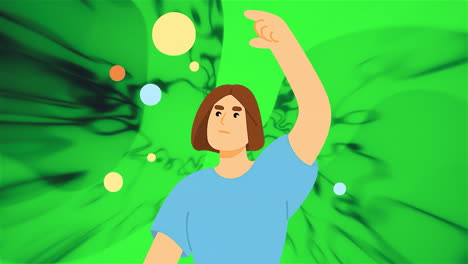 woman pointing upwards on green screen with abstract background
