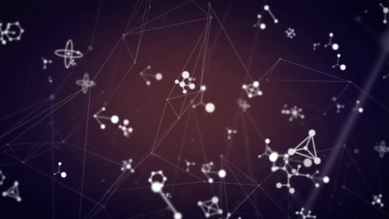 animación de moléculas y red de conexiones en fondo oscuro