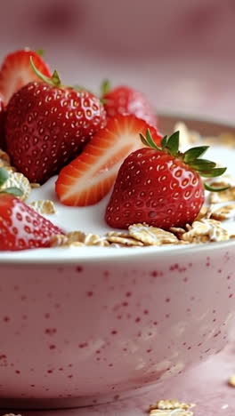 strawberry oat breakfast bowl. a bowl of yogurt with strawberries and oats on a pink background, surrounded by scattered oats.