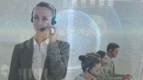 Animation-of-globe-and-data-over-diverse-business-people-using-phone-headsets